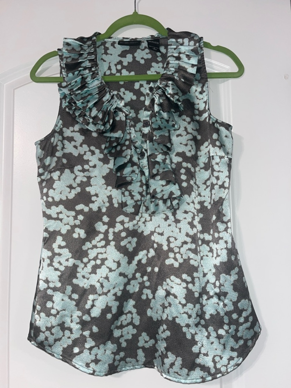 New York & Company Floral Blouse Size 4 Ruffle Sleeve Chic Aqua & Gray Ruffled